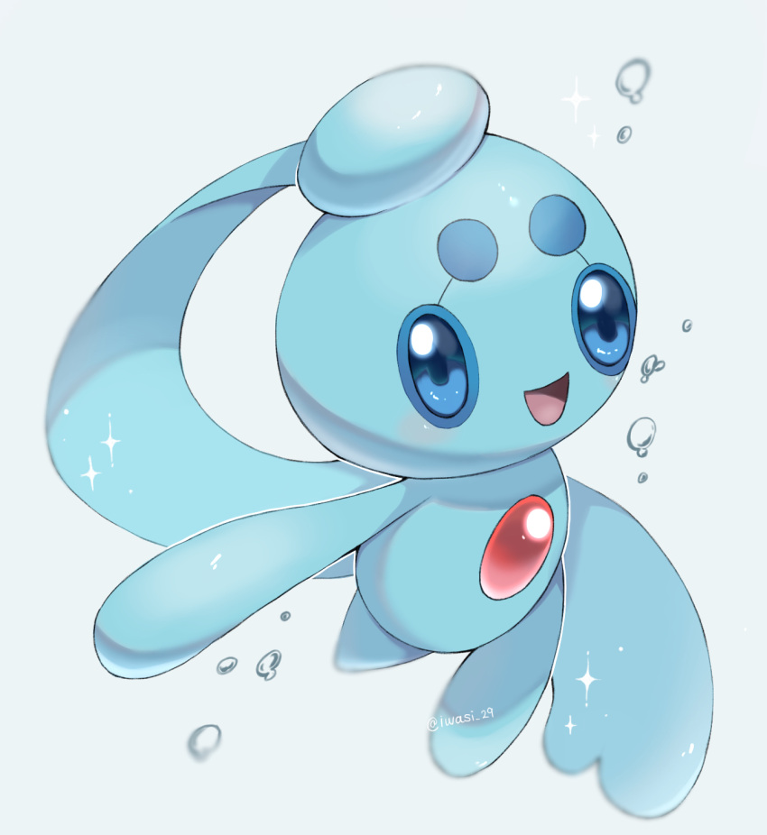 :d animal_focus artist_name blue_eyes chest_jewel commentary_request highres iwasi_29 no_humans phione pokemon pokemon_(creature) simple_background smile sparkle twitter_username water white_background