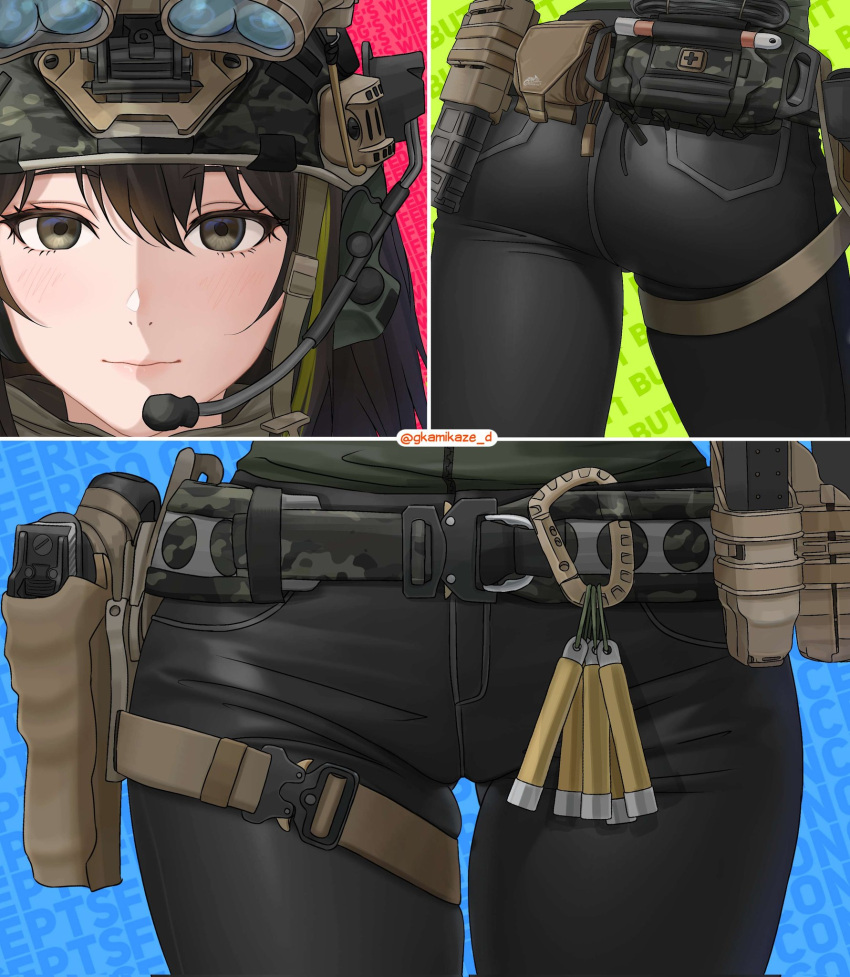 1girl ass black_pants blue_background brown_eyes brown_hair camouflage close-up combat_helmet dgkamikaze expressionless girls'_frontline green_background helmet highres holster looking_at_viewer m4a1_(girls'_frontline) multicolored_hair multiple_views pants pink_background solo streaked_hair thigh_holster thighs woodland_camouflage