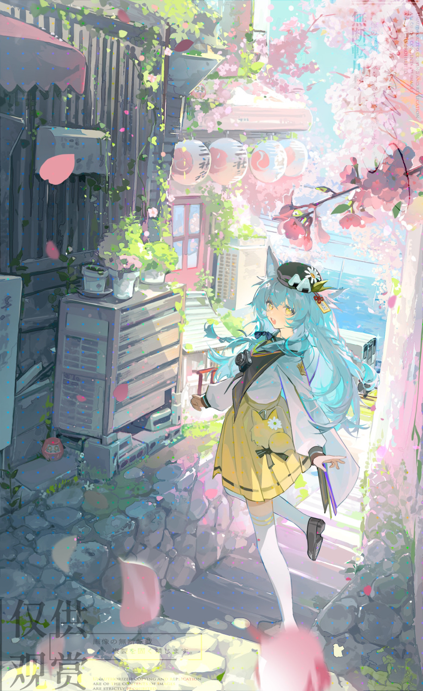 1girl :d absurdres animal_ear_fluff animal_ears baofandxy beret black_footwear black_headwear blue_hair blue_sky braid branch building camera camera_around_neck cat_ears charm_(object) cherry_blossoms daruma_doll day door falling_petals floating_hair flower from_side hat hat_flower highres ivy jacket lantern leg_up loafers long_hair long_sleeves looking_at_viewer looking_back open_mouth original outdoors paper_lantern petals plant potted_plant sailor_collar sample_watermark scenery school_uniform serafuku shoes skirt sky smile solo stairs standing standing_on_one_leg stone_stairs thighhighs twin_braids watermark white_jacket white_thighhighs wide_shot yellow_eyes yellow_skirt