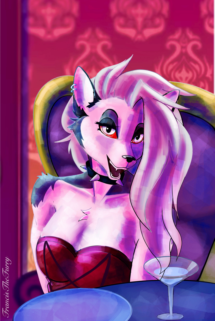 alcohol anthro beverage breasts canid canid_demon canine canis cleavage clothed clothing cocktail collar date dating demon dress female francisthefurry goth goth_girl hair hellhound helluva_boss hi_res long_hair loona_(helluva_boss) mammal piercing smile wolf