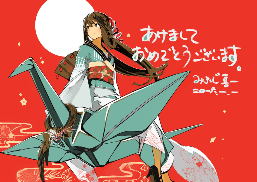 bangs black_footwear blush brown_eyes brown_hair character_request checkered closed_mouth copyright_request egasumi flying full_moon green_kimono hair_ornament high_heels highres japanese_clothes kimono long_hair long_sleeves looking_away looking_to_the_side mifuji_kiichi moon obi origami paper_crane red_background riding sash shoes sidesaddle simple_background sitting smile solo translation_request wide_sleeves