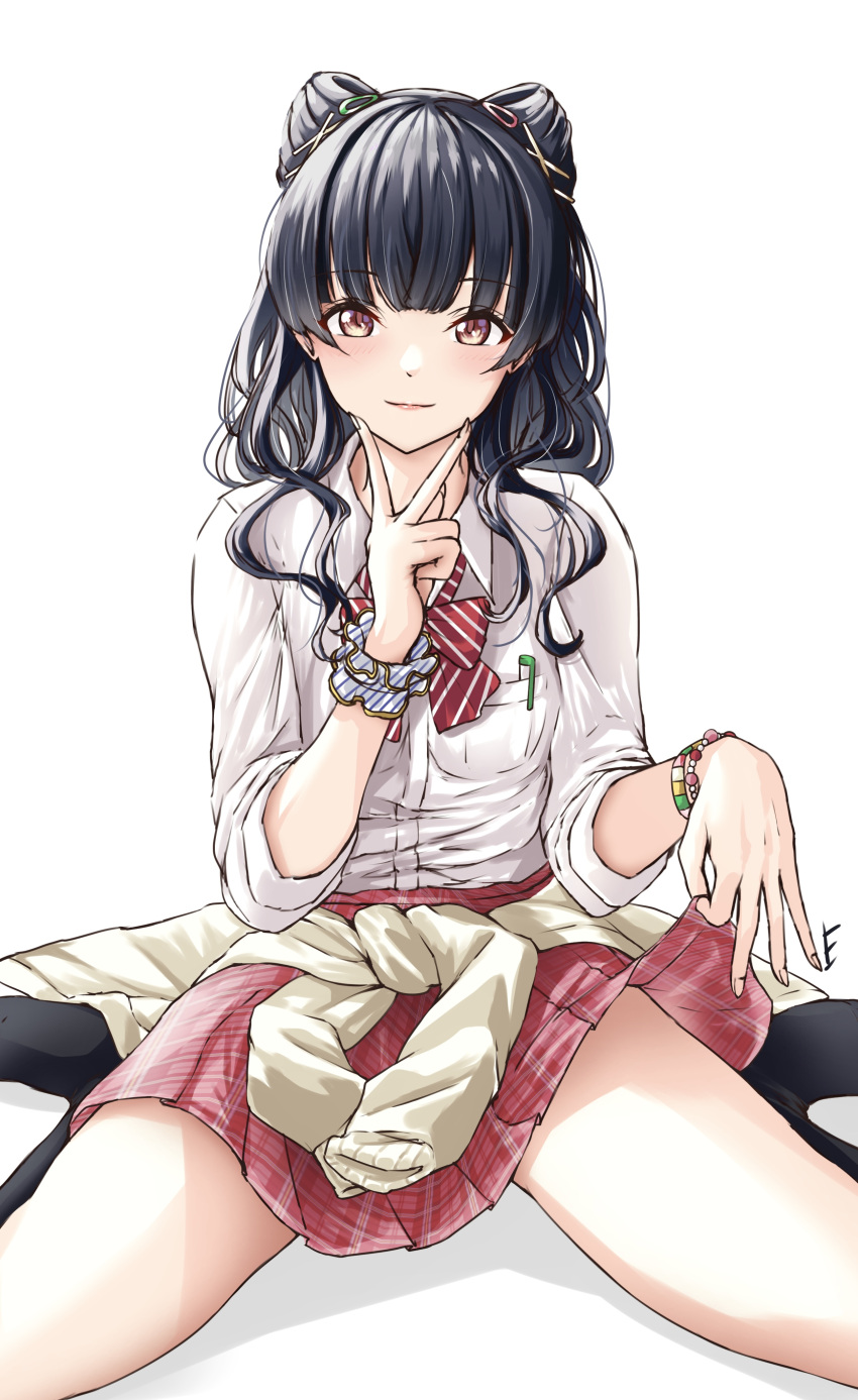 1girl absurdres black_hair black_socks blunt_bangs blush bow bowtie brown_eyes cardigan cardigan_around_waist closed_mouth clothes_around_waist clothes_lift commentary double_bun endo_yohane gyaru hair_bun highres idolmaster idolmaster_shiny_colors kneehighs kogal lifted_by_self light_smile lips looking_at_viewer loose_bowtie mayuzumi_fuyuko no_shoes open_collar plaid plaid_skirt pleated_skirt shirt simple_background sitting skirt skirt_hold skirt_lift sleeves_rolled_up smile socks solo v v_over_mouth wariza wavy_hair white_background white_shirt