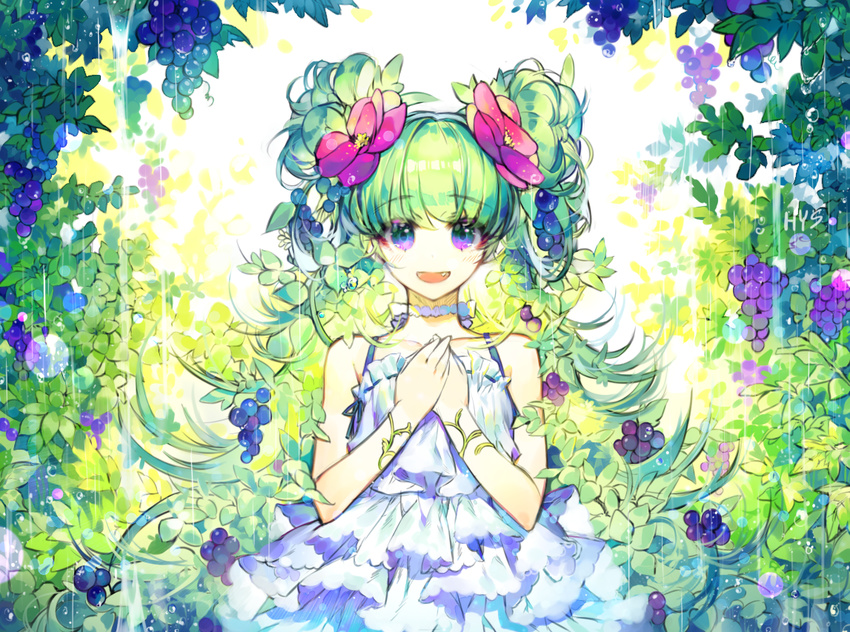 blush collarbone dress eyebrows_visible_through_hair flower food food_themed_hair_ornament fruit grape_hair_ornament grapes green_hair hair_flower hair_ornament hands_on_own_chest hayanse long_hair looking_at_viewer original parted_lips purple_eyes signature smile solo twintails white_dress