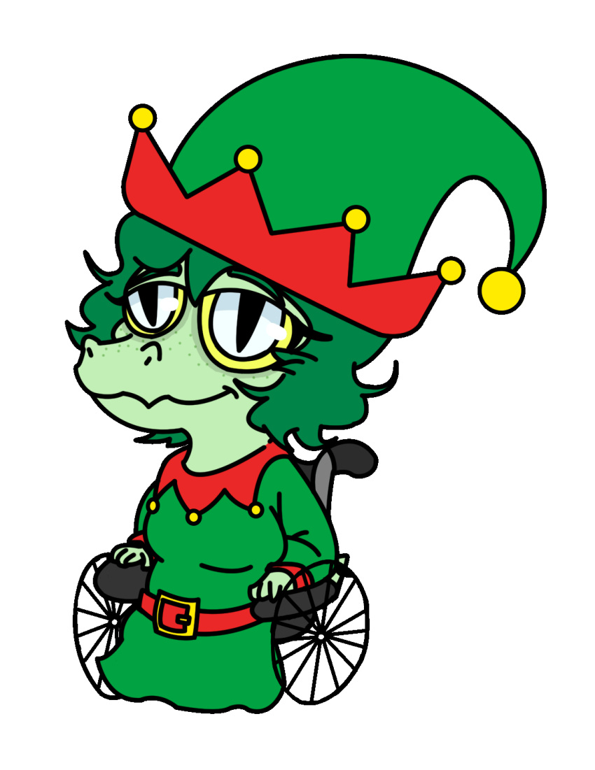 alpha_channel animated anthro baryonyx breasts christmas colored dinosaur elf_costume elf_hat female freckles garavakarian green_body green_hair green_scales grey_eyes hair hand_puppet hi_res holidays i_wani_hug_that_gator narrowed_eyes olivia_(iwhtg) pupils puppet reptile scales scalie short_playtime simple_background sitting slit_pupils smile snout solo spinosaurid theropod transparent_background wheelchair yellow_sclera