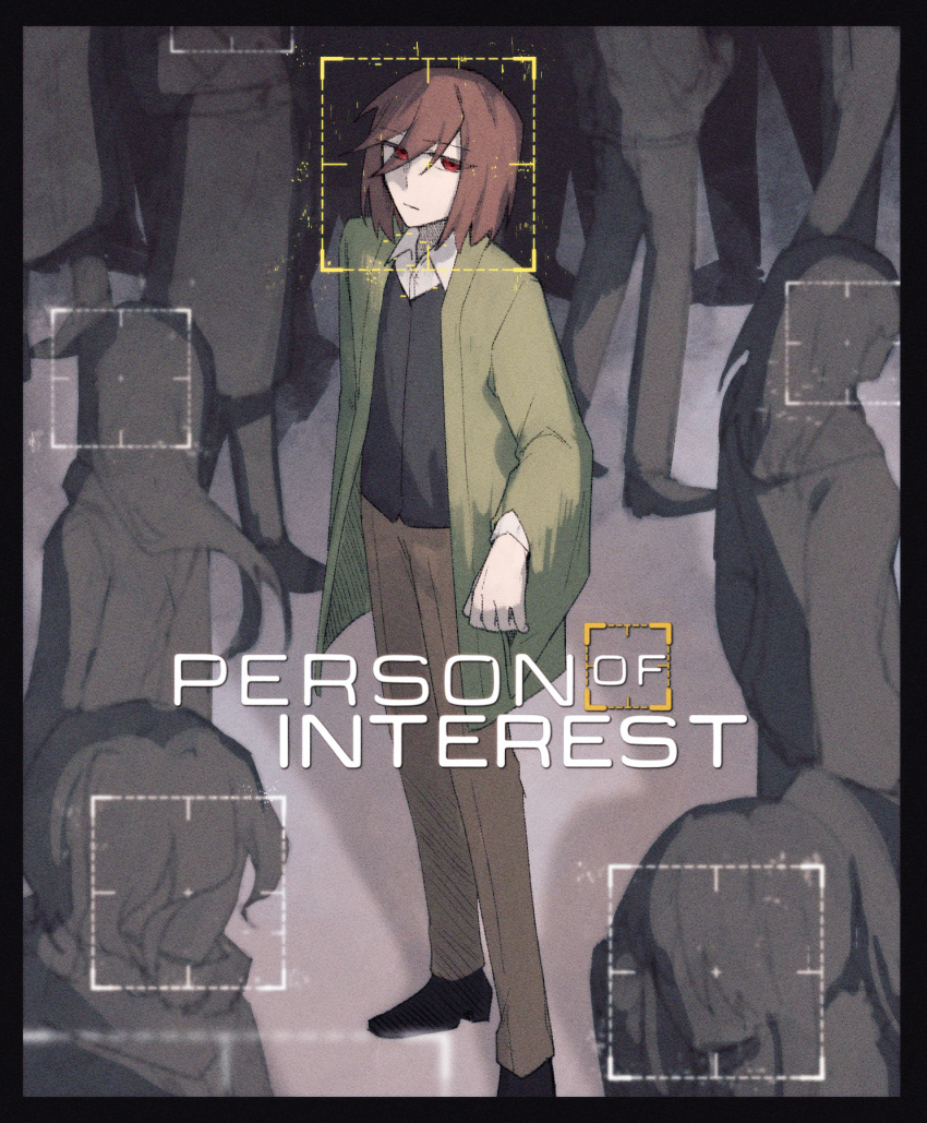 1boy black_border black_vest border brown_hair brown_pants chinese_commentary closed_mouth collared_shirt commentary_request crowd english_text film_grain full_body green_jacket harada_mutei highres jacket long_sleeves male_focus open_clothes open_jacket pants people person_of_interest red_eyes saibou_shinkyoku shirt short_hair solo_focus standing vest viewfinder white_shirt yadeliya_hai