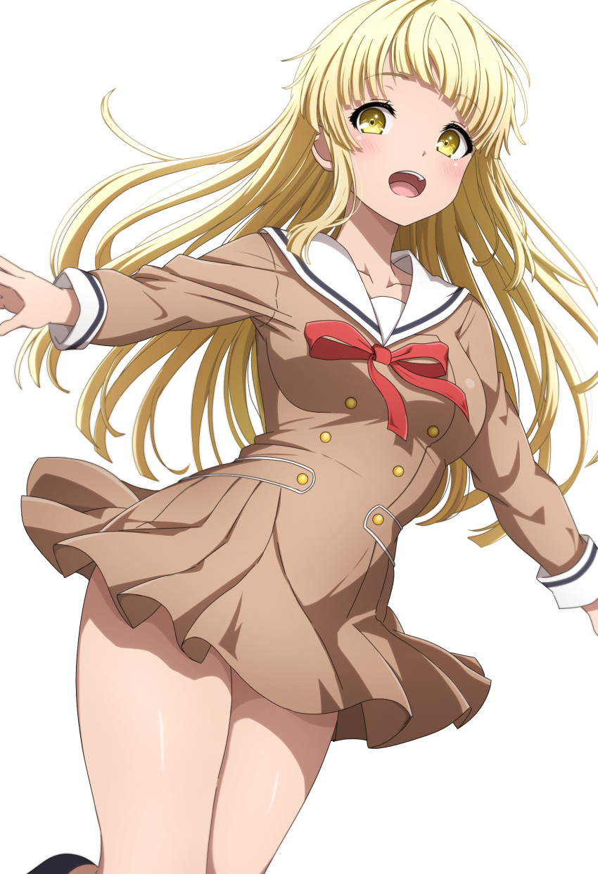 1girl :d absurdres bang_dream! black_footwear blonde_hair blunt_bangs blunt_ends blush breasts brown_dress buttons collarbone commentary cowboy_shot double-breasted dress floating_hair hanasakigawa_school_uniform hands_up highres leg_up long_hair long_sleeves looking_at_viewer medium_breasts neck_ribbon noshimurin open_mouth outstretched_arms pleated_dress red_ribbon ribbon sailor_collar school_uniform serafuku shoes sidelocks simple_background smile solo standing standing_on_one_leg teeth tsurumaki_kokoro upper_teeth_only white_background white_sailor_collar yellow_eyes