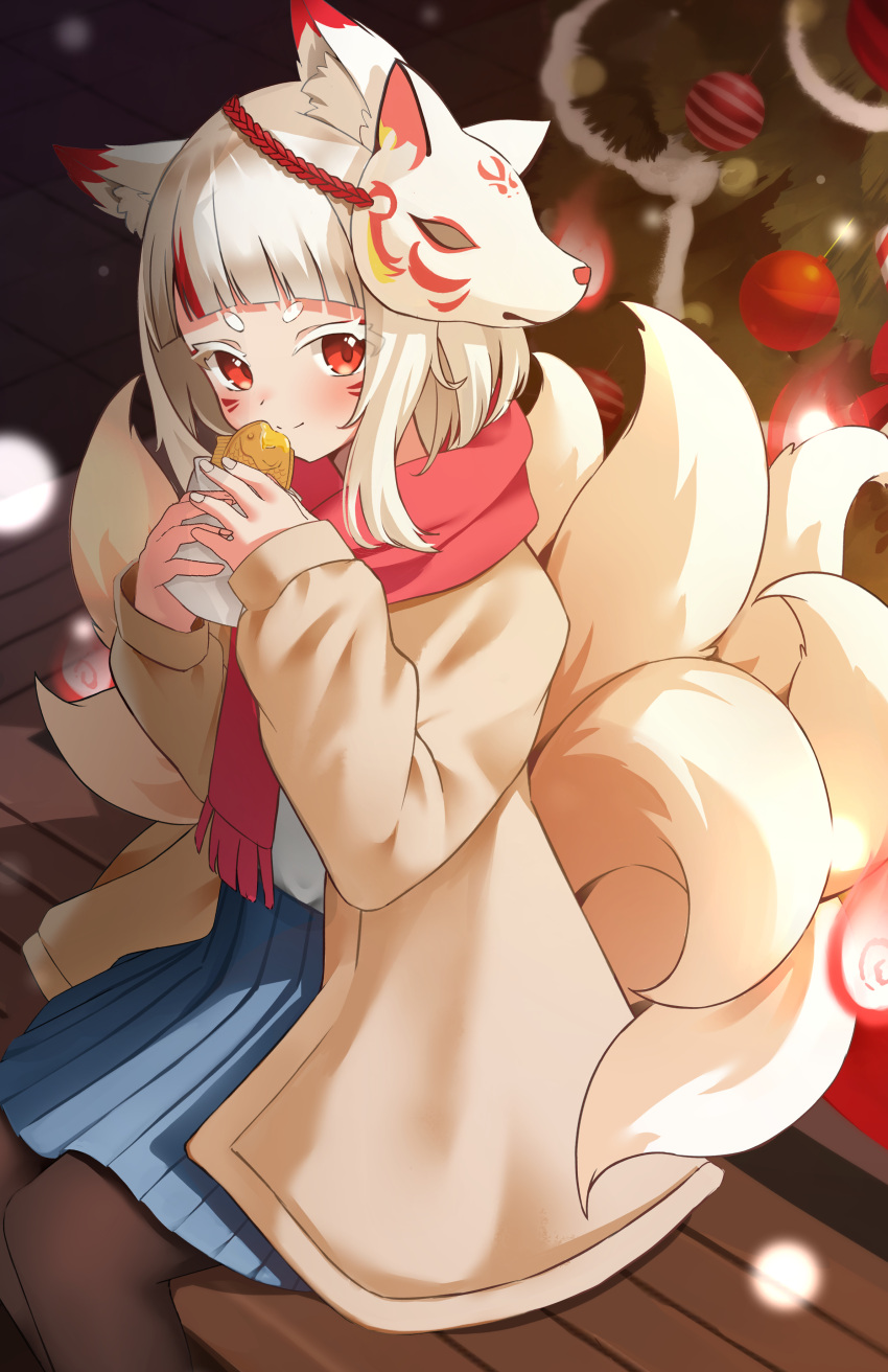 1girl absurdres animal_ear_fluff animal_ears bench black_pantyhose blue_skirt blush brown_jacket christmas christmas_ornaments christmas_tree commission facial_mark feet_out_of_frame food fox_ears fox_girl fox_mask fox_tail gumi_(virtual_hertz) highres holding holding_food jacket long_sleeves looking_at_viewer mask mask_on_head moepu. multicolored_hair open_clothes open_jacket pantyhose pixiv_commission pleated_skirt red_eyes red_hair red_scarf scarf shirt short_hair sitting skirt solo streaked_hair tail taiyaki virtual_hertz wagashi whisker_markings white_hair white_shirt