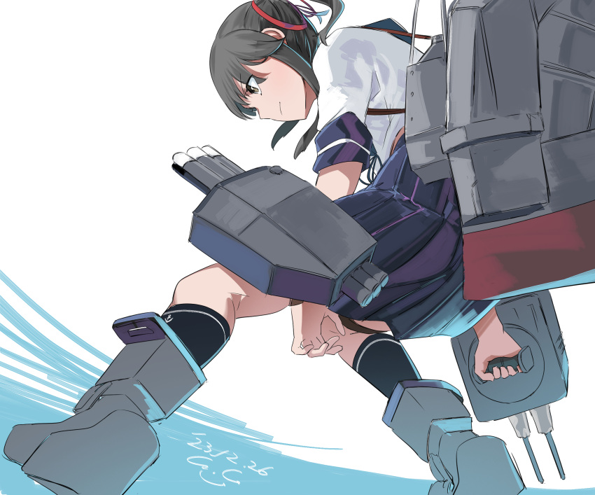 1girl adapted_turret blue_sailor_collar blue_skirt blush brown_eyes cannon gegeron grey_hair hair_ribbon highres holding holding_turret kantai_collection long_hair machinery mast pleated_skirt ponytail red_ribbon ribbon rigging rudder_footwear sailor_collar school_uniform serafuku shirt skirt smile smokestack solo torpedo torpedo_launcher torpedo_tubes turret usugumo_(kancolle) white_background