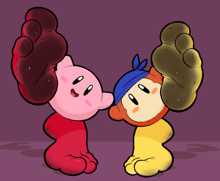 3_toes alien alternate_version_at_source bandana_waddle_dee bandanna bandanna_only big_feet bodily_fluids dirty_feet duo feet foot_fetish foot_focus huge_feet imaslowperson kerchief kerchief_only kirby kirby_(series) looking_at_viewer mostly_nude nintendo raised_arms sweat sweatdrop toes waddle_dee waddling_head