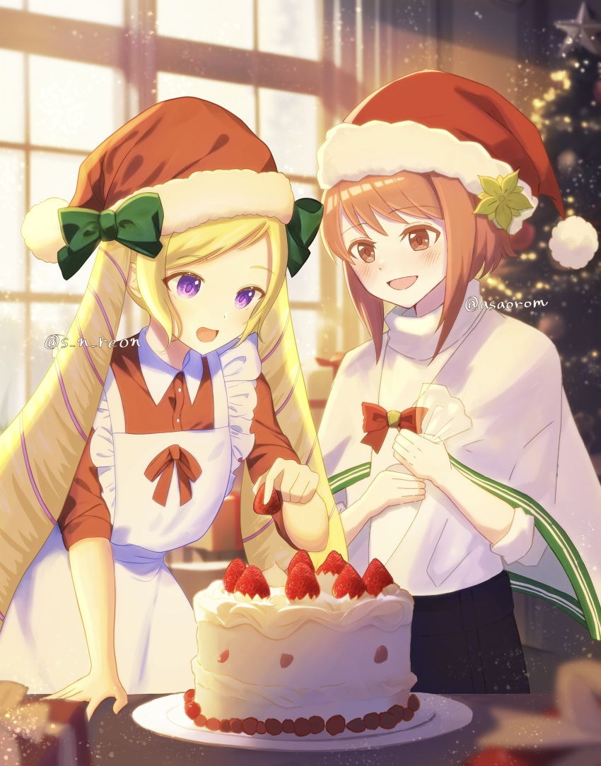 2girls absurdres apron artist_name blonde_hair blurry blurry_background bow cake christmas christmas_tree commentary_request drill_hair elise_(fire_emblem) fire_emblem fire_emblem_fates food hat highres indoors long_hair medium_hair multiple_girls open_mouth purple_eyes red_bow red_eyes red_hair s_n_reon sakura_(fire_emblem) santa_hat smile sunlight twin_drills twintails window