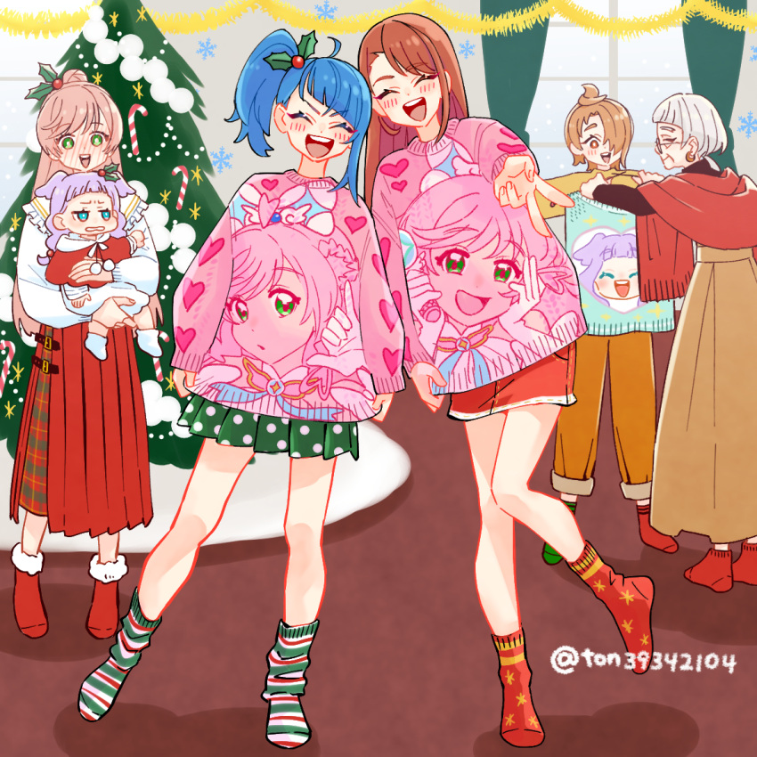 5girls :d aqua_sweater black_shirt blush brown_pants brown_skirt candy candy_cane carrying character_print child_carry christmas_sweater christmas_tree closed_eyes commentary cure_prism cut_bangs earrings ellee-chan facing_viewer food frown garland_(decoration) glasses grandmother_and_granddaughter green_eyes green_skirt green_socks grey_hair grimace hair_bun hair_ornament hair_over_one_eye high-waist_skirt hijiri_ageha hirogaru_sky!_precure holly_hair_ornament indoors jewelry long_skirt long_sleeves loose_socks medium_hair miniskirt mismatched_socks multiple_girls nijigaoka_mashiro nijigaoka_yoyo open_mouth orange_hair pants pink_hair pink_sweater pleated_skirt polka_dot polka_dot_skirt precure print_sweater purple_hair red_eyes red_shawl red_skirt red_socks shawl shirt side_ponytail single_hair_bun single_sidelock skirt sky_mirage smile socks sora_harewataru standing standing_on_one_leg sweater ton_(ton39342104) twitter_username v white_shirt window yellow_shirt yuunagi_tsubasa