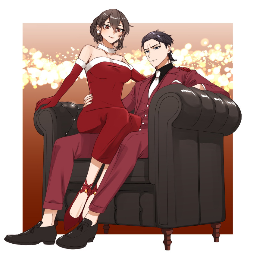 1boy 1girl admiral_(kancolle) alternate_costume alternate_hairstyle bare_shoulders black_eyes black_footwear black_hair black_shirt breasts chair christmas closed_mouth collared_shirt couple dress earrings elbow_gloves fur_collar fur_trim gloves hair_between_eyes hair_bun hetero highres jewelry kantai_collection large_breasts looking_at_viewer machi_(ritovoyage) nagato_(kancolle) necktie pants red_dress red_footwear red_pants shirt shoes single_hair_bun sitting sitting_on_lap sitting_on_person strapless strapless_dress white_necktie