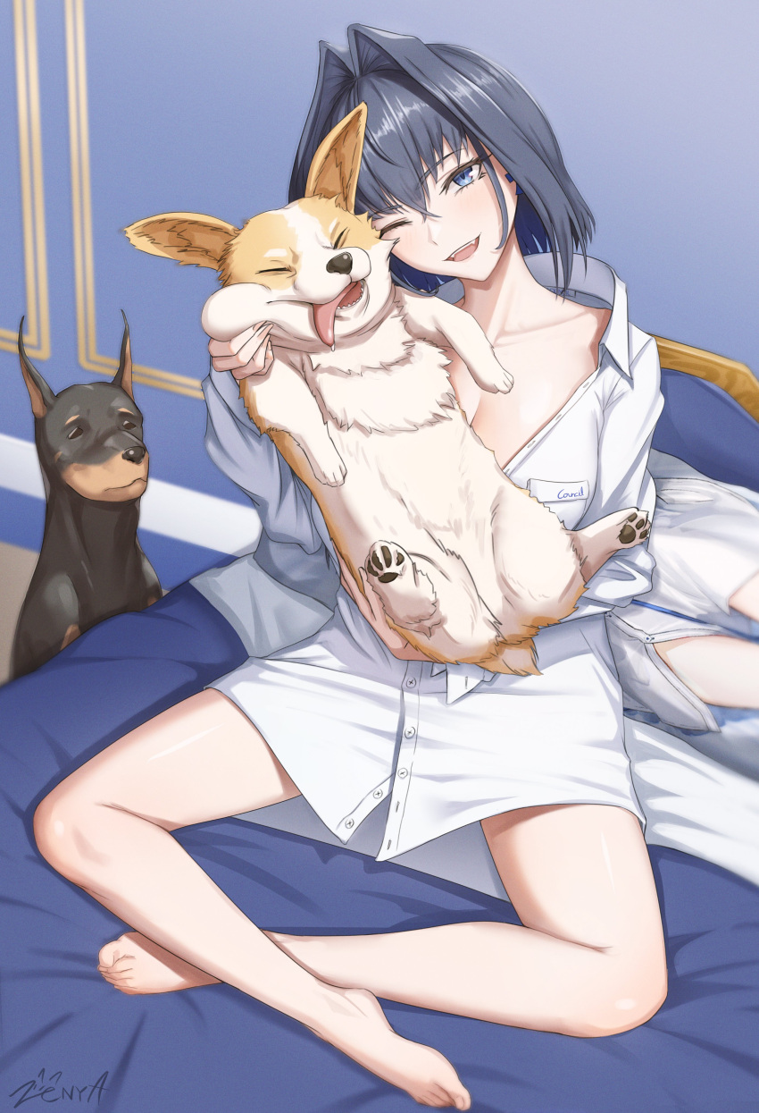 1girl absurdres barefoot bed black_hair blue_eyes dog feet hair_flaps highres hololive hololive_english on_bed one_eye_closed ouro_kronii virtual_youtuber zenya