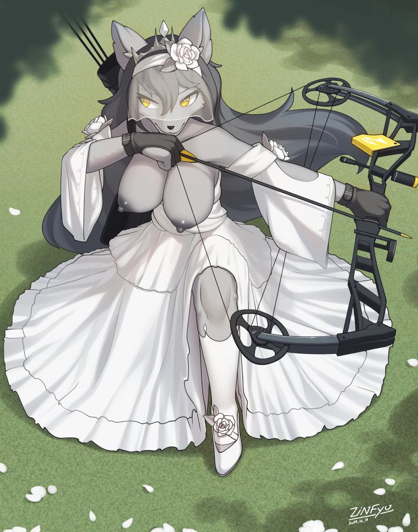 2022 absurd_res anthro arrow_(weapon) bow_(weapon) breasts canid canine clothing crouching detailed_background dress exposed_breasts female flower_accessory footwear fur grey_body grey_fur grey_hair hair hi_res jewelry kemono legwear looking_aside mammal nipples outside petals pinup pose ranged_weapon shaded shoes smile solo wardrobe_malfunction weapon wedding_dress white_clothing white_dress white_footwear white_legwear white_shoes yellow_eyes zinfyu