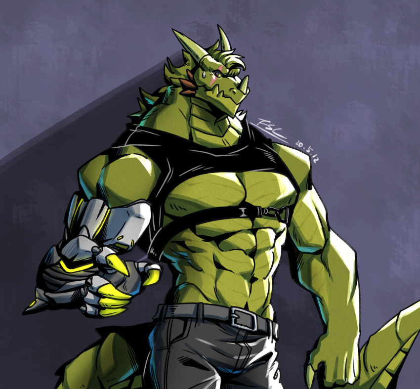 2020 abs anthro belt black_clothing black_sclera black_topwear bodily_fluids bottomwear claws clothing crever_(fansl) dated digital_media_(artwork) dragon eye_scar facial_horn facial_scar facial_spikes fansl green_body green_hair green_scales grey_bottomwear grey_clothing grey_pants hair head_horn hi_res horn jaw_spikes male metal_arm muscular muscular_anthro muscular_arms muscular_male nose_horn pants pec_window pecs scales scalie scar signature solo spikes spikes_(anatomy) sweat sweatdrop topwear wingless_dragon yellow_claws yellow_eyes