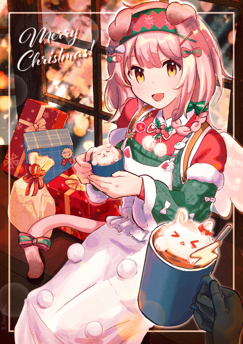 1girl 1other :d absurdres animal_ears animalization apron arknights black_gloves bow braid cat_ears cat_girl cat_tail christmas christmas_present cup floppy_ears flower food fur-trimmed_sleeves fur_trim gift gloves goldenglow_(arknights) goldenglow_(maiden_for_the_bright_night)_(arknights) green_bow green_sleeves hair_bow hair_ornament hairband hairclip highres holding holding_cup hot_chocolate layered_sleeves lightning_bolt_symbol long_hair looking_at_viewer marshmallow merry_christmas mug official_alternate_costume open_mouth pink_hair poinsettia pom_pom_(clothes) pov print_hairband red_bow red_shirt shirt smile solo_focus tail tail_bow tail_ornament white_apron window yatori_suminohi yellow_eyes