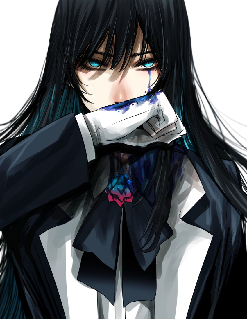 1girl ado_(utaite) black_bow black_bowtie black_hair black_jacket blue_eyes blue_flower blue_hair blue_rose bow bowtie chando_(ado) cloud_nine_inc colored_inner_hair commentary flower flower_brooch gloves hair_between_eyes highres hoshi_san_3 jacket long_hair long_sleeves looking_at_viewer multicolored_hair paint_on_body paint_on_clothes red_flower red_rose rose shadow sidelocks simple_background solo two-tone_hair upper_body utaite white_background white_gloves wiping_face