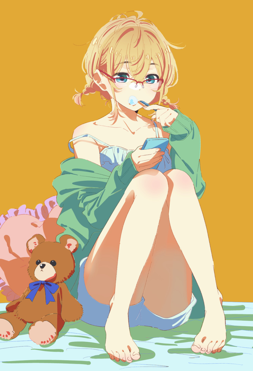 1girl barefoot bed bed_sheet blonde_hair blue_eyes brushing brushing_teeth feet glasses green_sweater highres hirayama_kanna holding holding_phone kanojo_okarishimasu nanami_mami phone pillow short_hair simple_background sitting solo strap_slip stuffed_animal stuffed_toy sweater teddy_bear toenails toes yellow_background