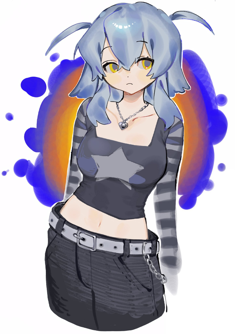 1girl belt black_pants blue_hair breasts closed_mouth crop_top cropped_legs hair_between_eyes heart heart_necklace highres jewelry long_sleeves medium_breasts multicolored_hair navel necklace original pants simple_background solo star_(symbol) striped striped_sleeves two_side_up waonwaowao3 yellow_eyes