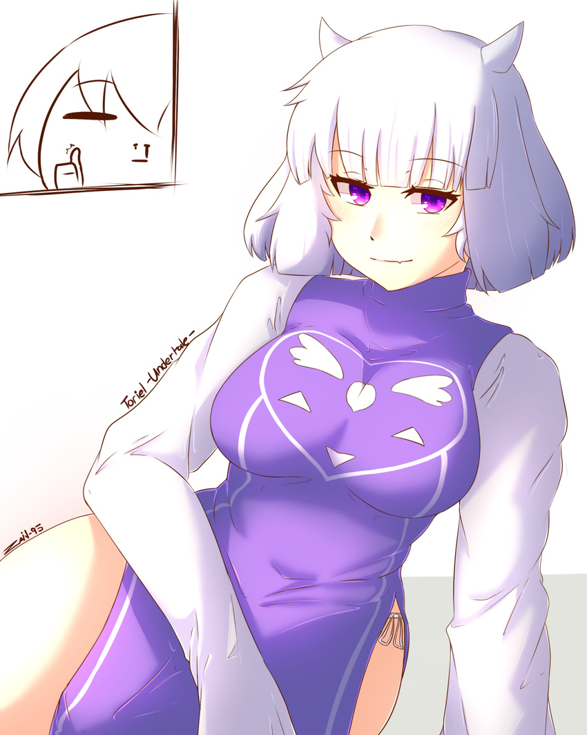 absurdres androgynous arm_support artist_name blood bob_cut breasts character_name closed_eyes commentary copyright_name dress fang frisk_(undertale) heart highres horns humanization large_breasts nas_(z666ful) nosebleed panties purple_dress purple_eyes short_hair side-tie_panties side_slit signature smile thumbs_up toriel turtleneck undertale underwear white_hair white_sleeves