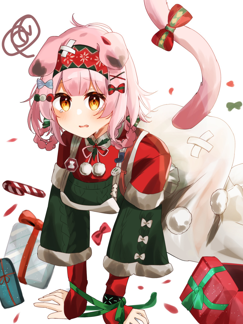 1girl all_fours animal_ears arknights bandaid bandaid_on_head black_bracelet blue_bow blush bow box braid candy candy_cane cat_ears cat_girl cat_tail detached_sleeves feet_out_of_frame floppy_ears floral_print food gift gift_box goldenglow_(arknights) goldenglow_(maiden_for_the_bright_night)_(arknights) green_bow green_sweater hair_ornament hairband highres infection_monitor_(arknights) layered_sleeves long_hair long_sleeves looking_at_viewer nishimiya_aki official_alternate_costume pink_hair print_hairband red_hairband red_shirt shirt simple_background skirt solo squiggle sweatdrop sweater tail tail_bow tail_ornament tail_through_clothes tearing_up wavy_mouth white_background white_skirt x_hair_ornament yellow_eyes