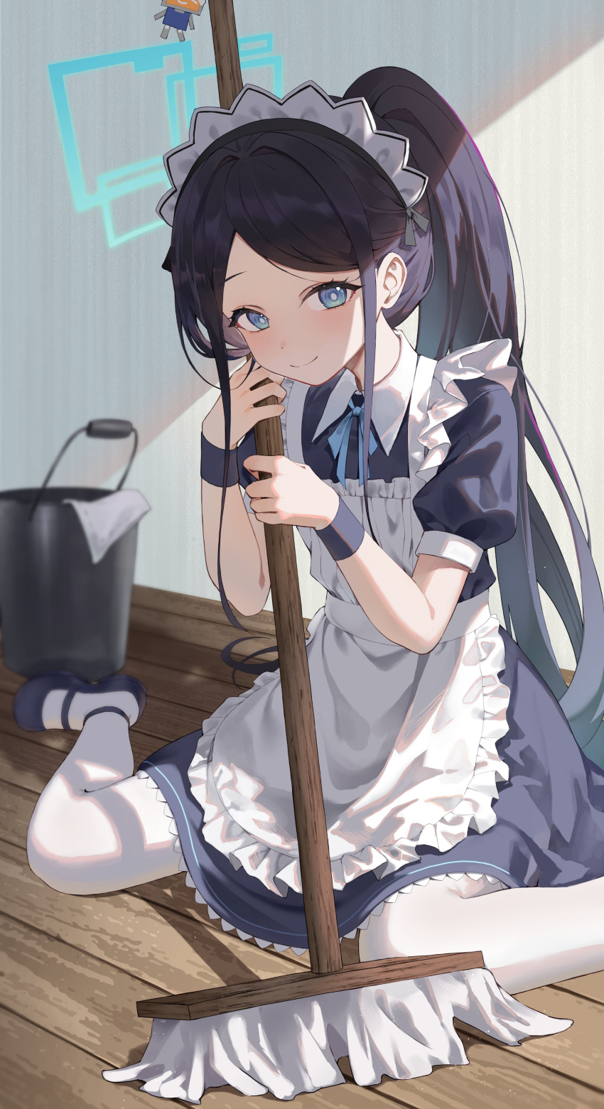 1girl absurdres apron aris_(blue_archive) black_hair blue_archive blue_dress blue_eyes blue_footwear blue_ribbon blue_wristband bucket closed_mouth dark_blue_dress dress flat_chest hair_intakes high_ponytail highres holding holding_mop indoors long_hair looking_at_viewer maid maid_apron maid_headdress mary_janes mop neck_ribbon on_floor parted_bangs ponytail puffy_short_sleeves puffy_sleeves rag ribbon shadow shoes short_sleeves sidelighting sidelocks sitting smile solo thighhighs wariza white_thighhighs wooden_floor wristband yeorem