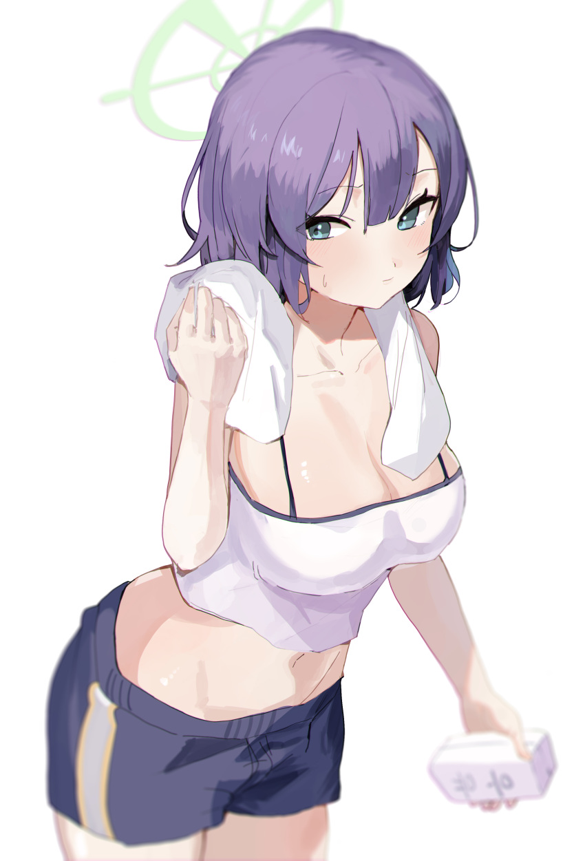 1girl absurdres black_shorts blue_archive blush breasts cleavage closed_mouth cowboy_shot ggab0621 green_eyes green_halo halo highres large_breasts looking_at_viewer navel purple_hair saki_(blue_archive) short_hair shorts simple_background solo towel towel_around_neck white_background white_towel