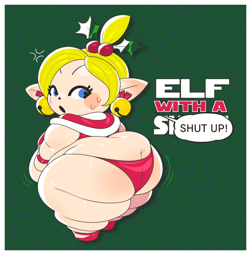 bell bell_earrings belly big_butt black_text blonde_hair blue_eyes blush blush_stickers border butt butt_cleavage christmas christmas_clothing clothing dialogue elf elf_on_the_shelf eyelashes female footwear green_background hair hat headgear headwear hi_res holidays humanoid humanoid_pointy_ears jingle_bell light_body light_skin mammal mii mintrimo mistletoe nintendo not_furry obese obese_female obese_humanoid overweight overweight_female overweight_humanoid panties plant rear_view red_clothing red_footwear red_panties red_shoes red_text red_underwear shoes short_stack simple_background solo speech_bubble text thick_thighs underwear white_border white_text