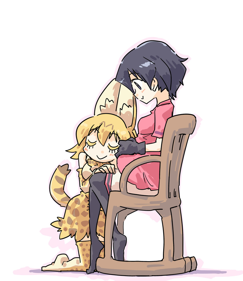 absurdres animal_ears black_eyes black_gloves black_hair chair closed_eyes couple gloves hair_between_eyes head_on_another's_stomach high-waist_skirt highres ips_cells kaban_(kemono_friends) kemono_friends kneeling multiple_girls no_shoes pantyhose pregnant red_shirt rocking_chair seki_(red_shine) serval_(kemono_friends) serval_ears serval_print serval_tail shirt short_hair shorts sitting skirt striped_tail tail wavy_hair yuri