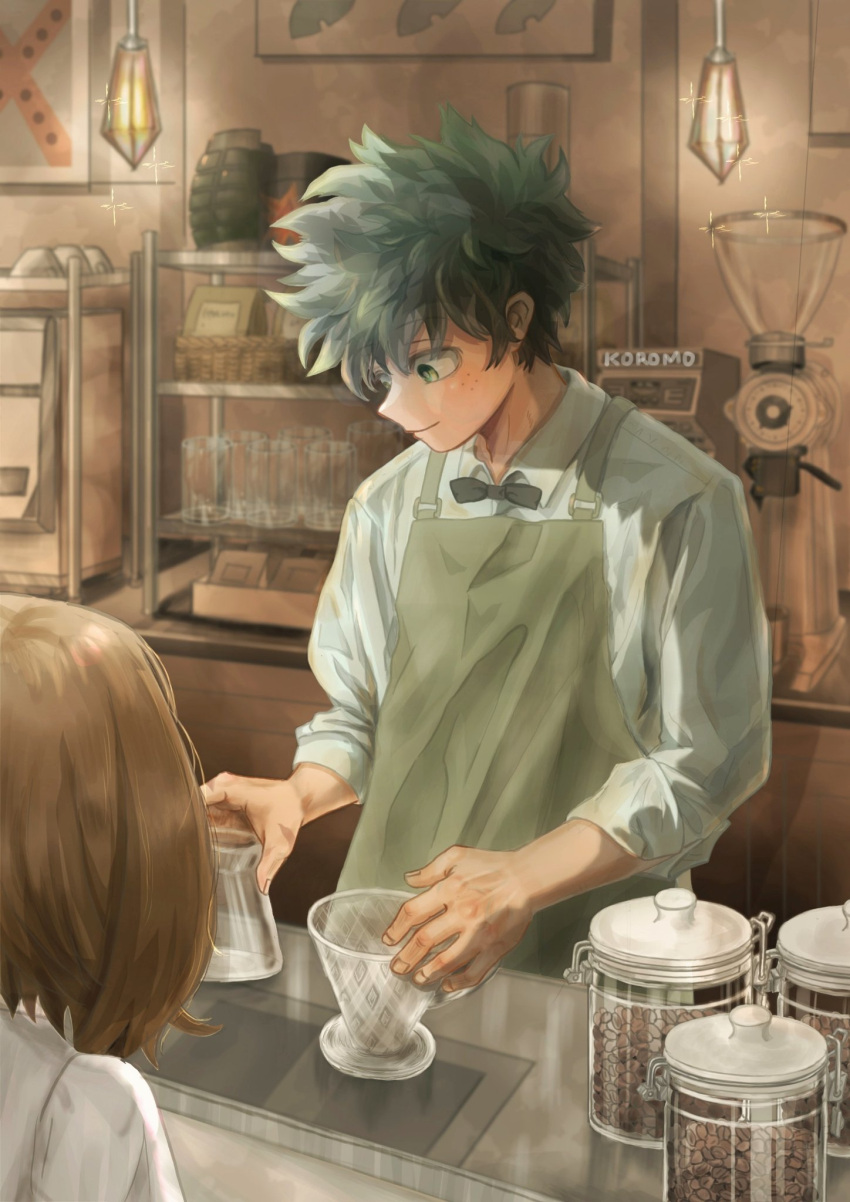 1boy 1girl alternate_universe apron artist_name boku_no_hero_academia bow bowtie brown_hair cafe coffee coffee_maker employee_uniform green_apron green_eyes green_hair highres koromo06418109 light long_sleeves male_focus messy_hair midoriya_izuku sleeves_rolled_up solo_focus uniform working