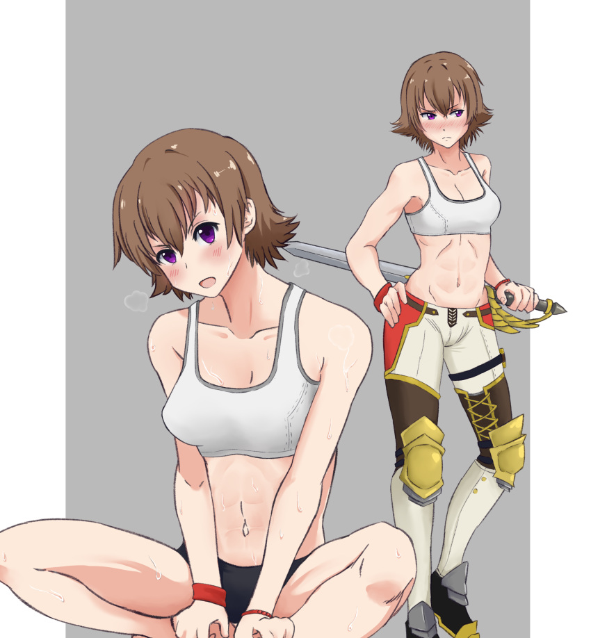 1girl abs absurdres armor armored_shoes bare_legs barefoot blendinglight blush break breasts breath brown_hair cleavage collarbone fiorayne_(monster_hunter) grey_background hair_between_eyes highres knees_apart_feet_together leg_armor looking_at_viewer monster_hunter_(series) multiple_views navel open_mouth pillarboxed purple_eyes resting short_hair simple_background sitting small_breasts sports_bra standing stomach sweat sword weapon wristband