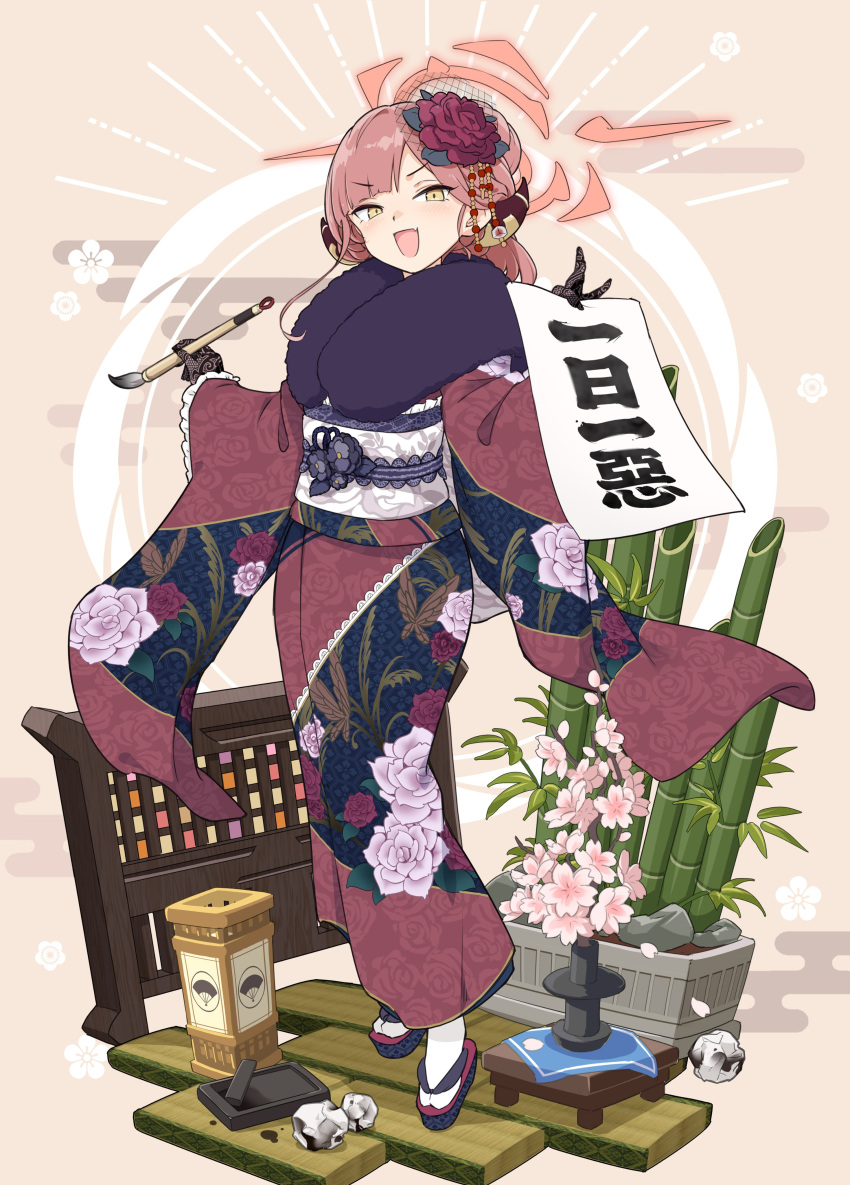1girl absurdres aka_ringo aru_(blue_archive) aru_(new_year)_(blue_archive) blue_archive calligraphy_brush crumpled_paper fang floral_print flower full_body gloves hair_flower hair_ornament highres holding horns japanese_clothes kimono lace lace_gloves lantern long_sleeves looking_at_viewer obi open_mouth orange_eyes paintbrush paper petals red_flower red_gloves red_hair sash solo standing tabi wide_sleeves yellow_flower