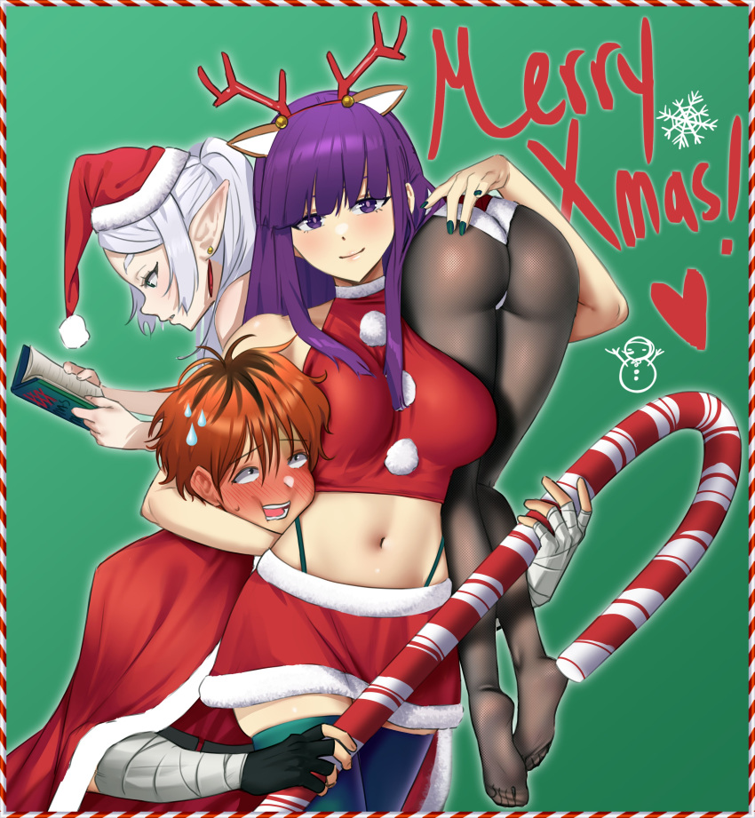 1boy 2girls absurdres animal_ears antlers ass bandages black_hair black_pantyhose book candy candy_cane capelet christmas cropped_shirt deer_ears djwhiteboooty elf fake_animal_ears fake_antlers fern_(sousou_no_frieren) food frieren fur-trimmed_capelet fur-trimmed_headwear fur-trimmed_skirt fur_trim grey_hair hat highres holding holding_book holding_candy holding_candy_cane holding_food leotard long_hair multicolored_hair multiple_girls navel pantyhose pointy_ears purple_eyes purple_hair red_capelet red_hair red_headwear red_shirt red_skirt reindeer_antlers santa_costume santa_hat shirt skirt sleeveless sleeveless_shirt sousou_no_frieren stark_(sousou_no_frieren) twintails two-tone_hair white_leotard wrist_wrap