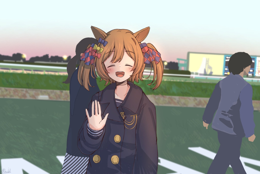 1boy 2girls animal_ears black_coat bow brown_hair buttons coat double-breasted facing_viewer hair_bow hair_ribbon highres horse_ears horse_girl horse_racing_track long_sleeves multiple_girls nakayama_racecourse oowada_hitomi photo-referenced pink_bow purple_bow purple_ribbon rakugakiraid real_life ribbon smart_falcon_(umamusume) solo_focus twintails umamusume voice_actor_connection yellow_bow