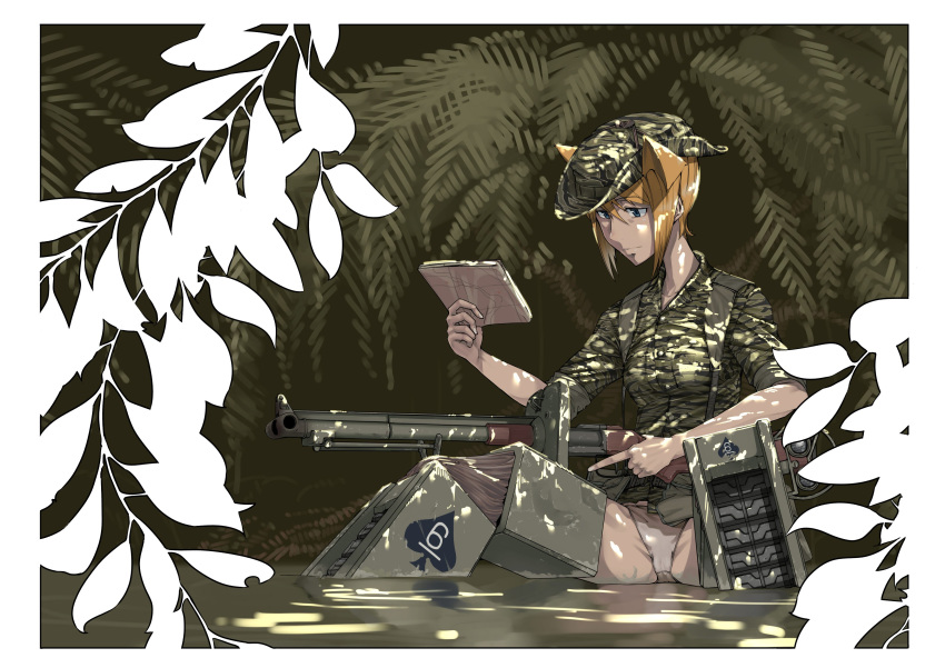 1girl absurdres animal_ears bangs blonde_hair blue_eyes boonie_hat branch camouflage_hat camouflage_jacket caterpillar_tracks commentary crotch_seam dappled_sunlight eyebrows_visible_through_hair green_hat green_jacket gun hat highres holding holding_gun holding_map holding_weapon jacket kiriko_works light_frown map no_pants original panties partially_submerged plant short_hair sitting solo spade_(shape) striker_unit sunlight trigger_discipline underwear vietnam_war wading weapon weapon_request white_panties world_witches_series