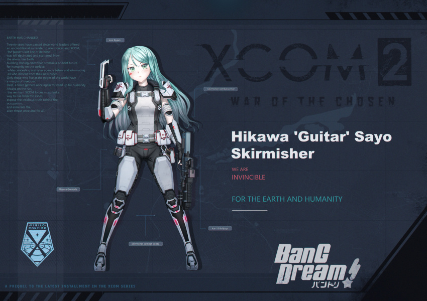 1girl arm_blade armor assault_rifle bang_dream! belt black_gloves black_pants blue_hair blush breasts chinese_commentary closed_mouth commentary_request crossover english_commentary english_text fingerless_gloves full_body gloves green_eyes grey_belt gun highres hikawa_sayo holding holding_gun holding_weapon leg_armor long_hair looking_at_viewer medium_bangs mixed-language_commentary pants pauldrons pouch qisu rifle shoulder_armor small_breasts soldier solo standing v-shaped_eyebrows vambraces weapon xcom_2