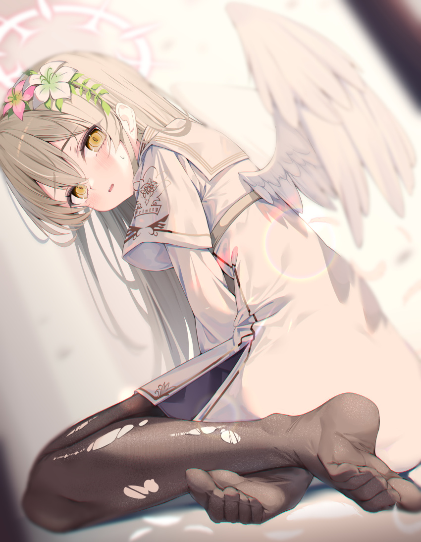 1girl absurdres aged_down black_pantyhose blue_archive blush dress feathered_wings feet flower gou_213 hair_flower hair_ornament halo highres light_brown_hair looking_at_viewer looking_back nagisa_(blue_archive) pantyhose school_uniform soles solo sweatdrop toes torn_clothes torn_pantyhose white_dress white_wings wings