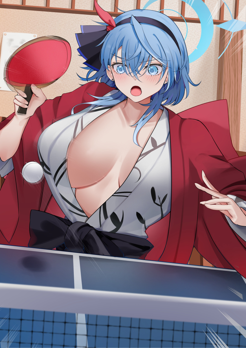 1girl absurdres ako_(blue_archive) alternate_costume ball bath_yukata blue_archive blue_eyes blue_hair blush breasts cleavage collarbone grey_kimono hair_between_eyes hair_ribbon hairband halo highres japanese_clothes kimono large_breasts layered_clothes long_hair open_mouth paddle red_kimono ribbon san_(harutuki_3) table_tennis table_tennis_ball table_tennis_paddle yukata