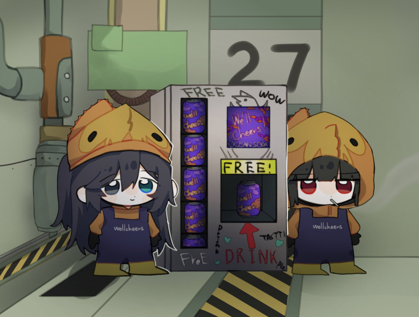 1boy 1girl black_hair blue_eyes can chibi cigarette closed_mouth containment_unit e.g.o_(project_moon) half_updo heterochromia highres hong_lu_(project_moon) hood hoodie indoors limbus_company lobotomy_corporation long_hair orange_headwear orange_hoodie pepo_(y02d) project_moon ryoshu_(project_moon) short_hair smile standing very_long_hair