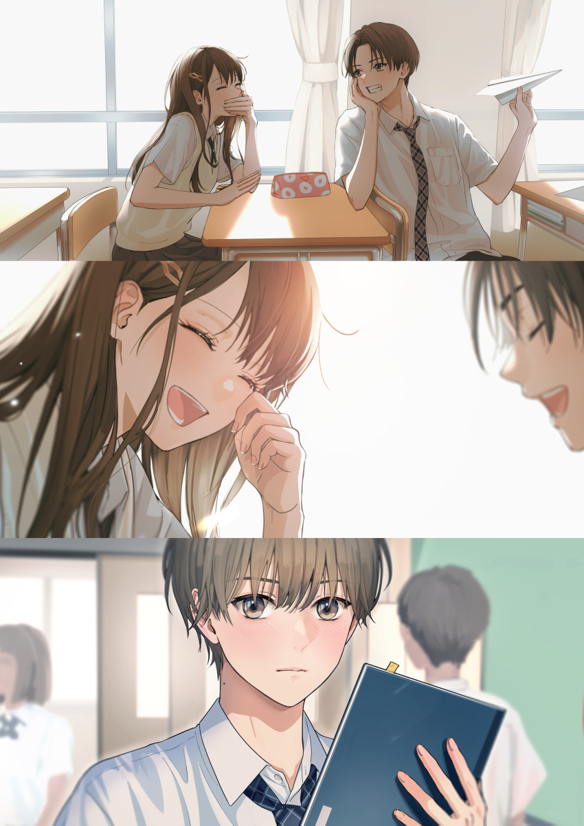 2girls 3boys absurdres blush brown_hair classroom commentary highres indoors laughing long_hair macaronk multiple_boys multiple_girls notebook original paper_airplane pencil_case school_uniform short_hair