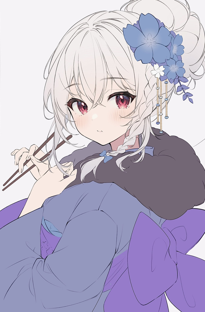 1girl blue_archive blue_flower blue_kimono blush braid chopsticks closed_mouth flower grey_hair hair_between_eyes hair_flower hair_ornament haruna_(blue_archive) haruna_(new_year)_(blue_archive) highres holding holding_chopsticks japanese_clothes kimono long_hair long_sleeves looking_at_viewer official_alternate_costume red_eyes side_braid simple_background solo soybean_(hisoybean) white_background white_flower wide_sleeves