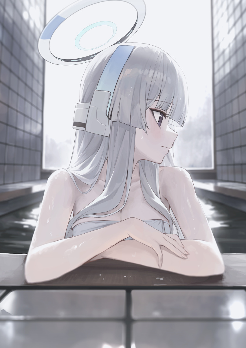 1girl absurdres bathing blue_archive breasts cleavage collarbone crossed_arms gnns grey_hair halo headgear highres looking_to_the_side naked_towel noa_(blue_archive) profile purple_eyes solo tile_wall tiles towel water_drop