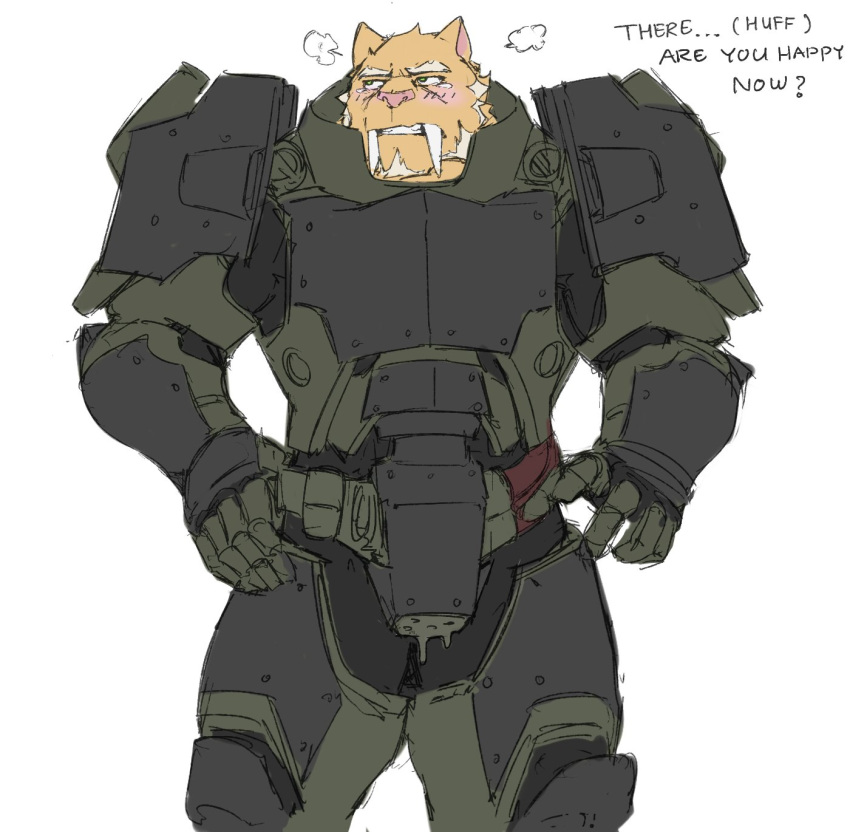 2019 anthro armor blush blush_lines breasts breath_cloud cables cuisse eye_scar facial_hair facial_scar fangs felid fur goatee green_armor green_eyes hair hi_res improvised_sex_toy improvised_vibrator male mammal power_suit saber-toothed_tiger saber_zelgrath_(character) sabertooth_(anatomy) saberzelgrath scar solo spaulder tan_body tan_fur teeth teeth_showing unavailable_at_source vambrace white_hair