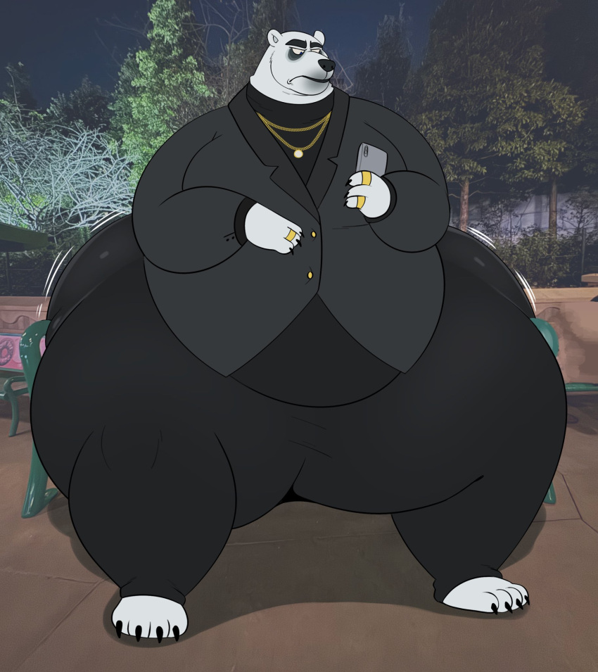 anthro bear big_butt butt clothing fur gold_(metal) gold_jewelry hi_res huge_butt hyper hyper_butt jewelry koslov_(zootopia) male mammal megacoolbear_(artist) overweight overweight_male polar_bear thick_thighs ursine white_body white_fur