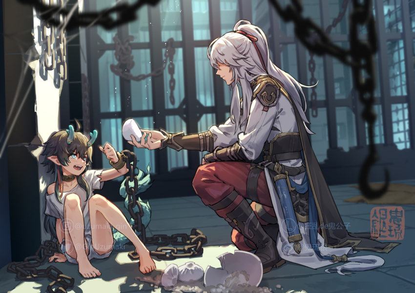 2boys aged_down aqua_eyes aqua_horns armor artist_name barefoot bars black_hair blush boots bowl brown_cape brown_footwear cape chain chained clenched_hand closed_mouth collar crying cuffs dan_heng_(honkai:_star_rail) dan_heng_(imbibitor_lunae)_(honkai:_star_rail) fangs from_side grey_hair hair_ribbon hand_rest hand_up honkai:_star_rail honkai_(series) horns instagram_logo instagram_username jing_yuan kneeling knees_up kyouran_de_onikoushi lofter_logo lofter_username long_hair long_sleeves male_focus multiple_boys no_eyes off_shoulder open_mouth pants pauldrons pointy_ears ponytail profile red_pants red_ribbon ribbon scroll shackles shirt shorts shoulder_armor sidelocks sitting tears torn_clothes torn_shirt twitter_logo twitter_username weibo_logo weibo_username white_shirt white_shorts