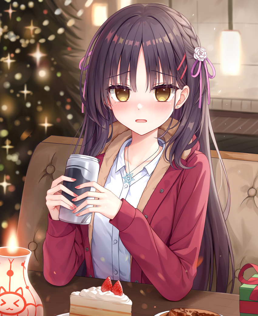 1girl absurdres black_hair blurry blurry_background blush braid cafe_stella_to_shinigami_no_chou cake cake_slice can candle casual cc_lin chinese_commentary christmas christmas_tree coat collared_shirt commentary drunk earrings elbows_on_table empty_eyes english_commentary eyelashes eyes_visible_through_hair flower food fruit fur-trimmed_hood fur_trim hair_between_eyes hair_flower hair_ornament hair_ribbon hands_up highres holding holding_can hood hood_down indoors jewelry long_hair looking_at_viewer mixed-language_commentary mole mole_under_eye nail_polish nose_blush official_alternate_costume open_clothes open_coat open_mouth pink_nails pink_ribbon red_coat ribbon rose shiki_natsume shirt side_braid sitting snowflake_necklace snowflakes solo sparkle straight_hair strawberry stud_earrings upper_body very_long_hair white_flower white_rose white_shirt yellow_eyes