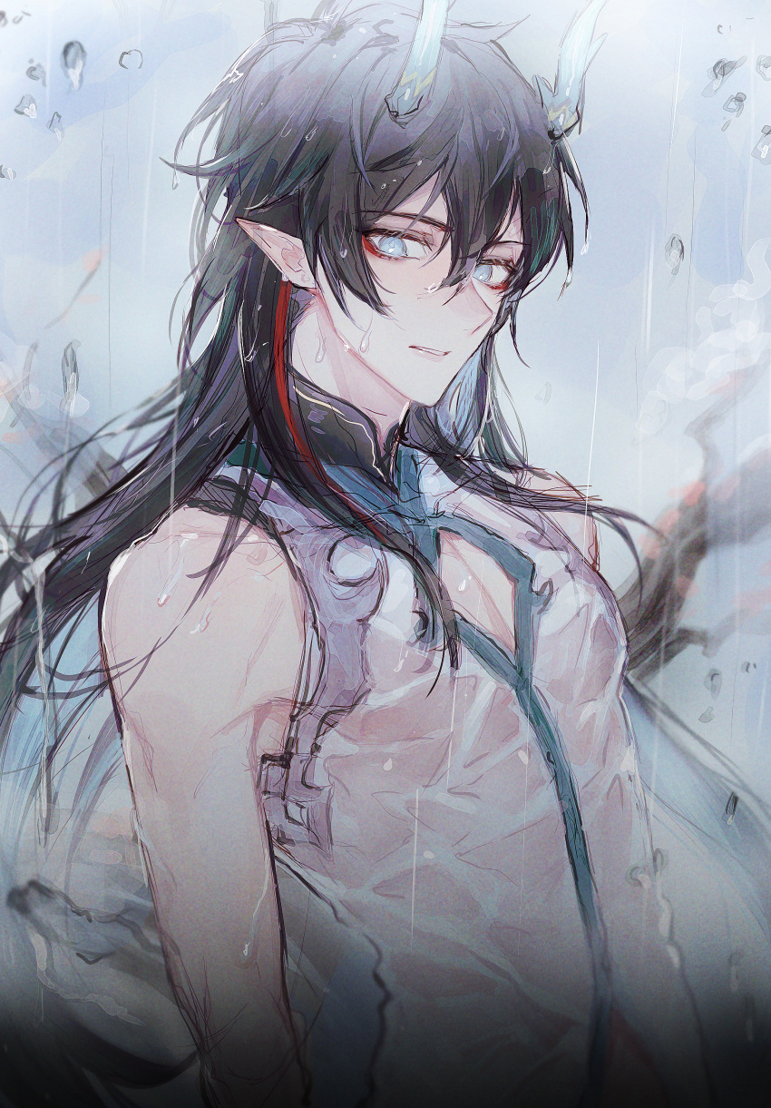 1boy absurdres aqua_eyes aqua_horns arms_at_sides bare_arms bare_shoulders black_hair cleavage_cutout clothing_cutout collared_shirt dan_heng_(honkai:_star_rail) dan_heng_(imbibitor_lunae)_(honkai:_star_rail) erichidayo grey_background highres honkai:_star_rail honkai_(series) horns long_hair male_focus multicolored_hair no_detached_sleeves parted_lips pectoral_cleavage pectorals pointy_ears shirt sleeveless sleeveless_shirt solo streaked_hair very_long_hair water wet wet_clothes white_shirt wrinkled_fabric