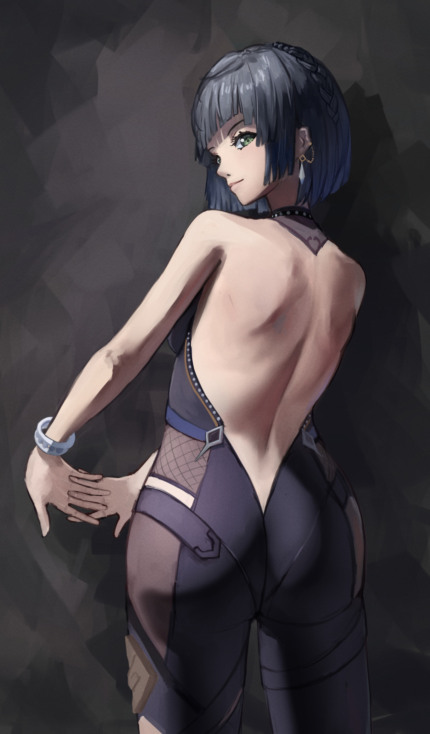 1girl ass back bare_back bare_shoulders blue_hair blunt_bangs bracelet closed_mouth dark_background earrings from_behind genshin_impact green_eyes highres jewelry looking_at_viewer looking_back necktie own_hands_together parted_bangs see-through see-through_legwear short_hair sozoroame stretching yelan_(genshin_impact)