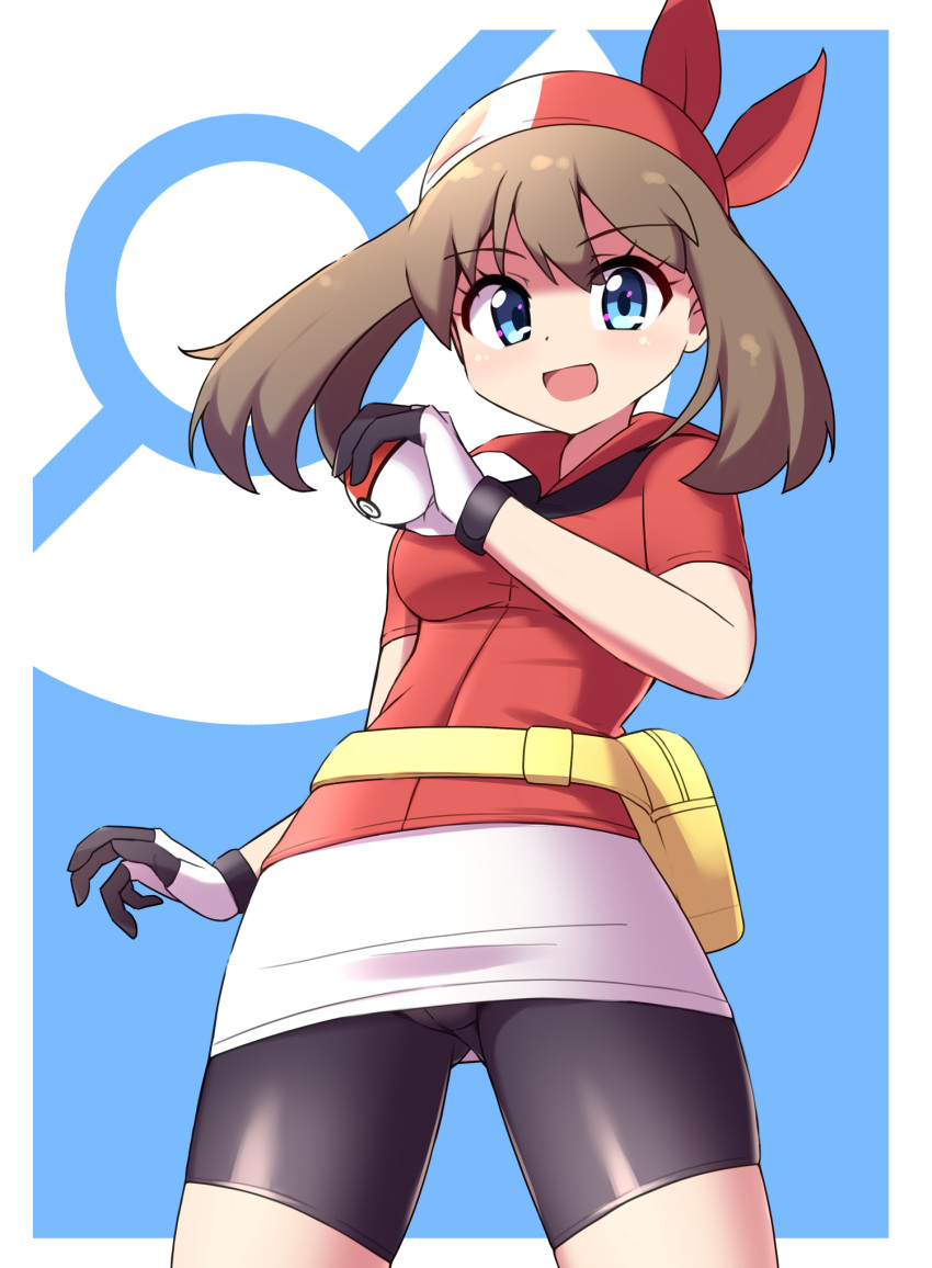 1girl :d bandana bike_shorts blue_background blue_eyes border breasts brown_hair collared_shirt commentary_request eyelashes fanny_pack gloves hand_up highres holding holding_poke_ball looking_at_viewer may_(pokemon) open_mouth outside_border poke_ball poke_ball_(basic) poke_ball_symbol pokemon pokemon_rse red_bandana red_shirt sabfish1229 shirt short_sleeves skirt smile solo white_border white_skirt yellow_bag