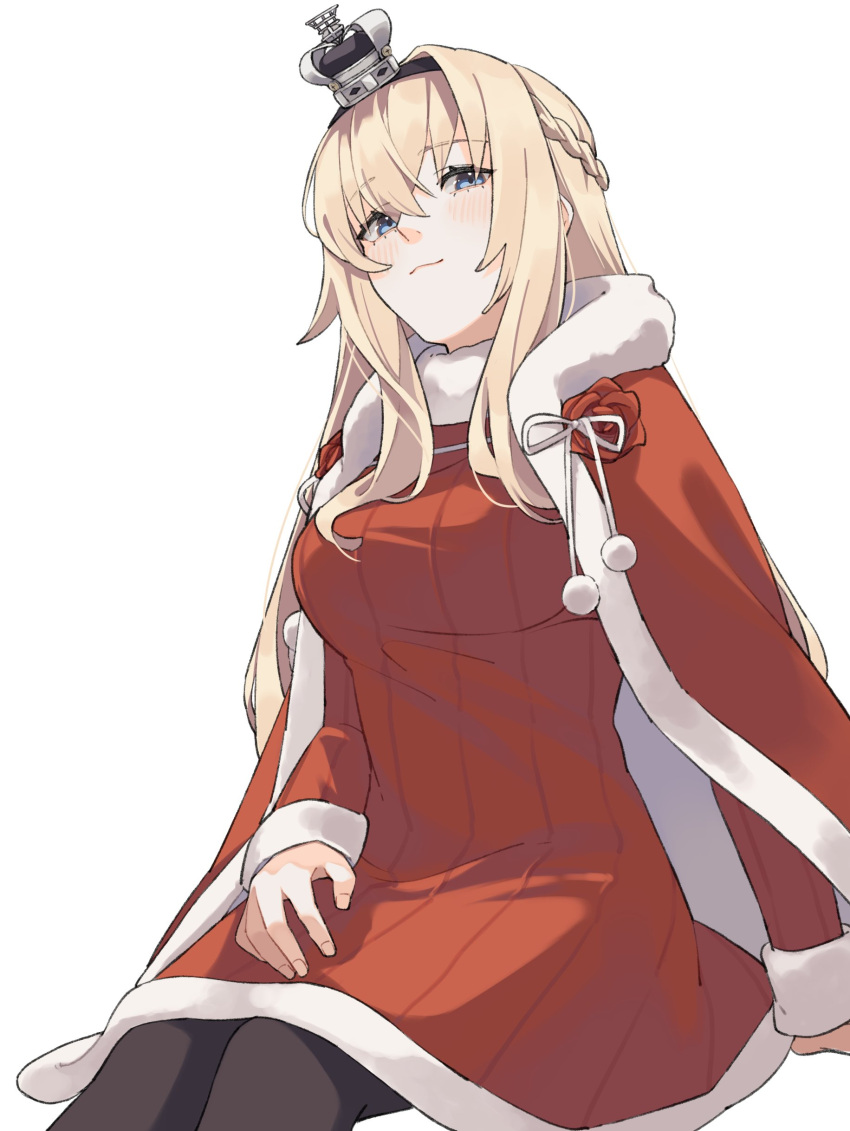 1girl absurdres blonde_hair blue_eyes braid breasts christmas coat crown dress french_braid fur-trimmed_coat fur-trimmed_sweater fur_trim hair_between_eyes hairband highres ichiroku_(sakumogu-029) kantai_collection large_breasts long_hair long_sleeves mini_crown pantyhose red_sweater santa_costume sitting smile sweater warspite_(kancolle) white_background